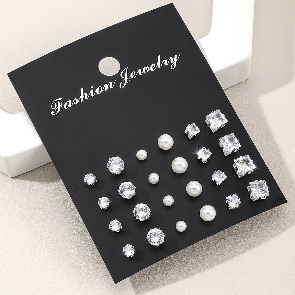 Popular simple pair of zircon pearl stud earrings, earrings, colored diamonds, temperament, six-claw diamonds.