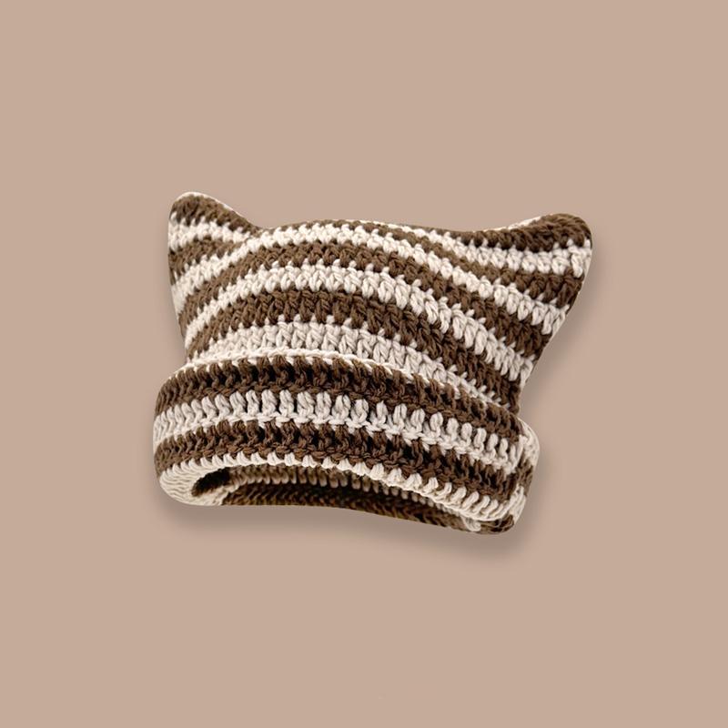 Милая вязаная шапка-бини в полоску с рогом дьявола, осенне-зимняя вязаная шерстяная шапка, острый пуловер для девочек с кошачьими ушками, женские шапки с капюшоном