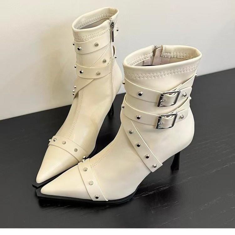 Ботильоны на шнуровке на высоком каблуке с заклепками, женские, 2025 осень, новые модные универсальные ботинки из мягкой кожи