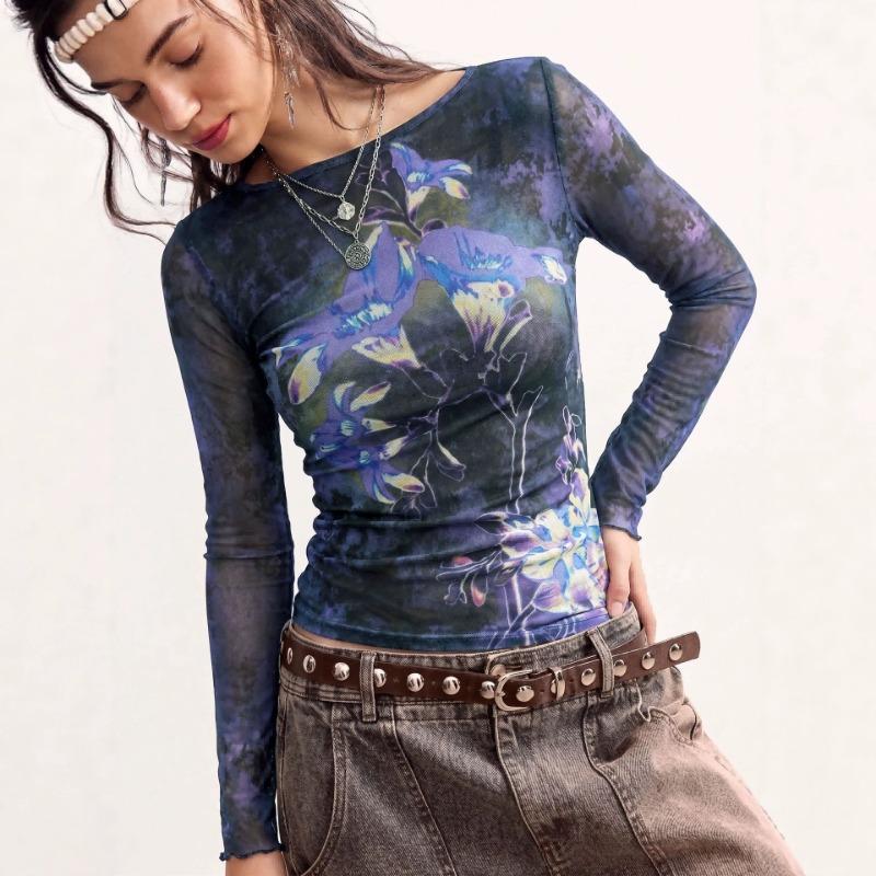 Women S Slim Fit Round Neck Long Sleeve Mesh T Shirt With Floral Print