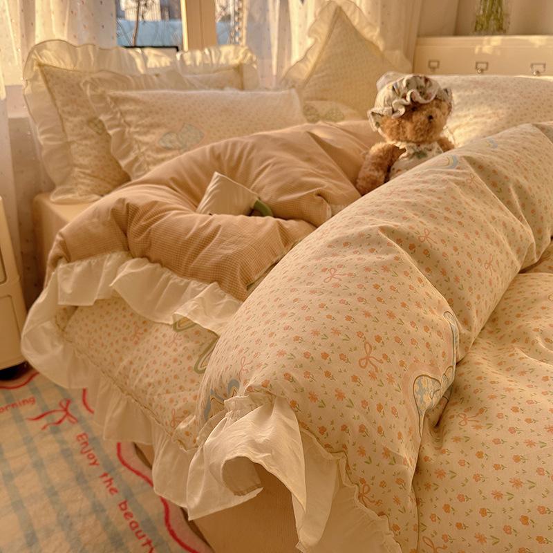 Французское кружево Комплект из четырех предметов для кровати Чистый хлопок Гипоаллергенный Комфортный Дышащий Стиранная простыня Пододеяльник Наволочка