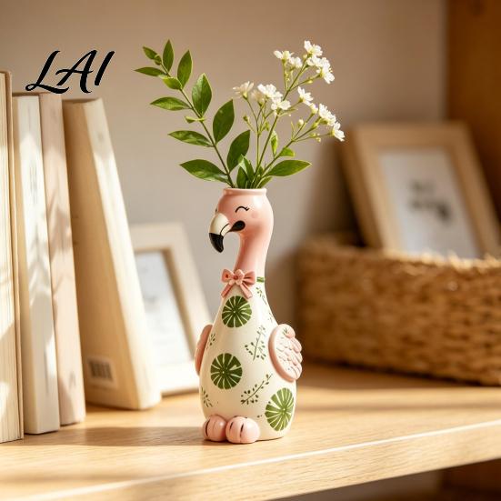 Pink Desk Ornament for Girls Cute Resin Flamingo Decorative Vase Flower Holder Figurine Statues Living Room Tabletop Dried Artificial Flowers,