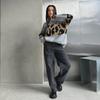 European & American Leopard Print Contrast Sweater - Casual, Loose-Fit, Round Neck Pullover for Women - Perfect for Autumn & Winter.