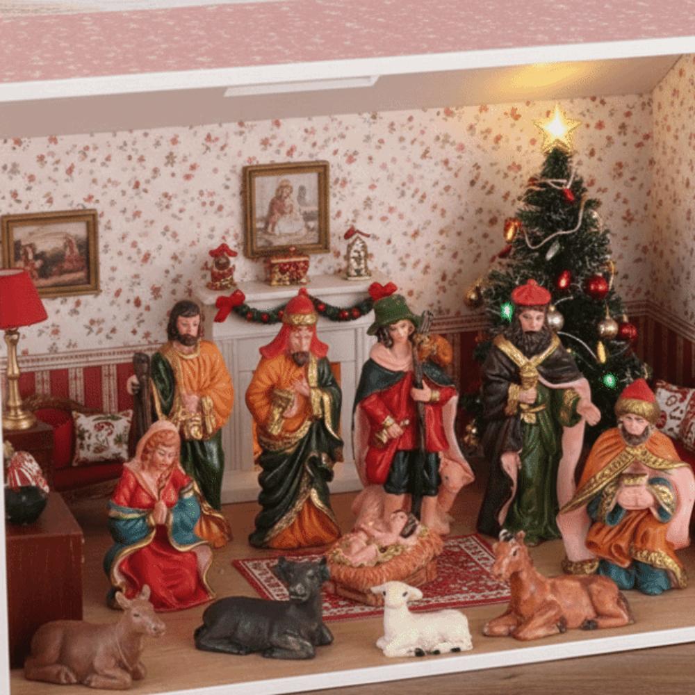 10pcs/Set Vintage Style Nativity Stable Ornaments Resin Material Christmas Manger Scene Tabletop Cool Displays Hand Drawn Design