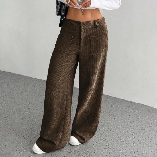 Женские брюки с низкой посадкой, на молнии и пуговице, прямые широкие длинные брюки с карманами, однотонные рубчатые брюки для отдыха