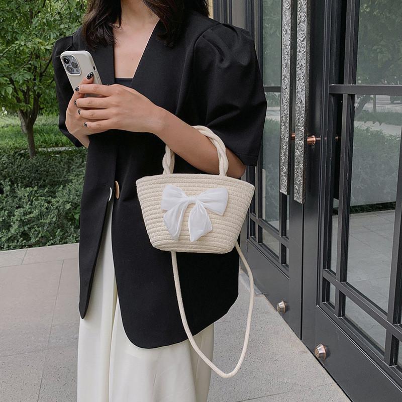 Trendy Woven Straw Bucket Bag With Bow Fashionable Casual Handbag For Women 2023