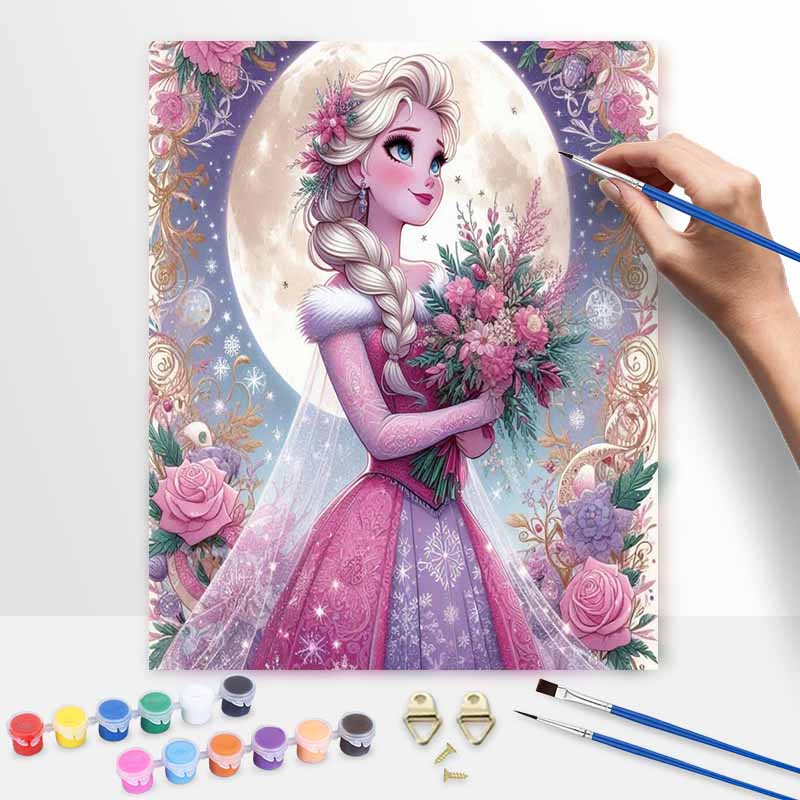 Disney Princess Elsa Flower Oil Painting Kit, Home Decor Handmade Gift, Elegant Floral Portrait DIY Art Craft Wall Hanging Set