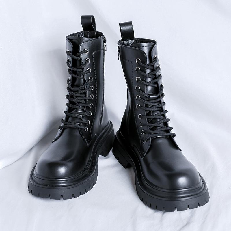Fashion Thick Soled Platform Men Genuine Leather Boots Luxury Designer Round Toe High Top Boots Fashion Trends Street Side Zipper Shoes