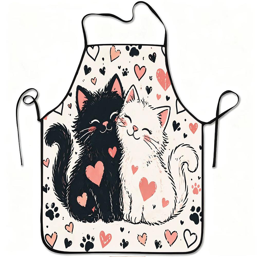 1pc Cute Kitten Apron with Black & White Print & Hearts - Adjustable Waistband, Durable Easy-Clean Polyester Suitable for Cooking, Gardening, Picking,