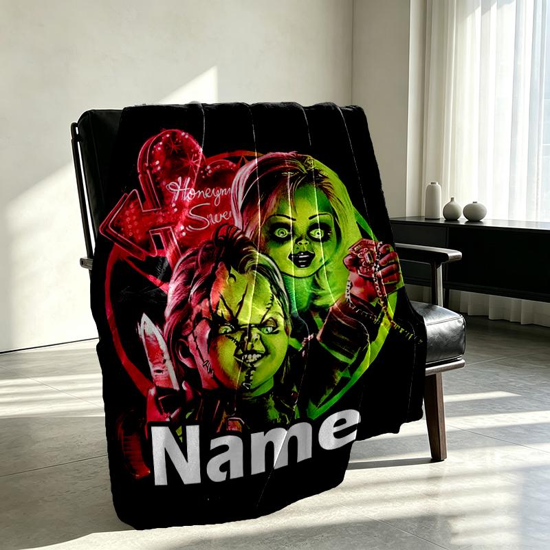 Custom Name Personalized Bride of Chucky Print Blanket, Home Decor, Bedroom, Sofa, Camping, Couch, Gifts for Birthday Christmas