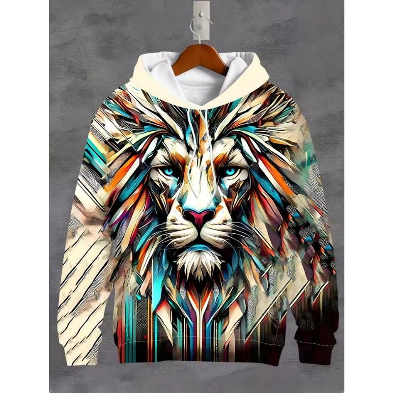 Vintage Men's Hooded Hoodies 3D Printed Battle Animal Pattern Sweatshirt Drawstring Sport Long Sleeve Tops Casual Men's Clothing