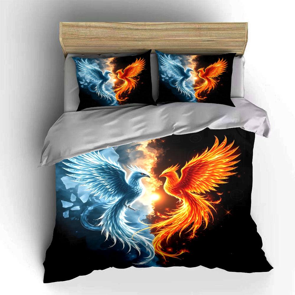 Fire and Ice Phoenix Battle Bedding Duvet Cover Set (1*Duvet Cover 2*Pillowcases, without duvet insert)