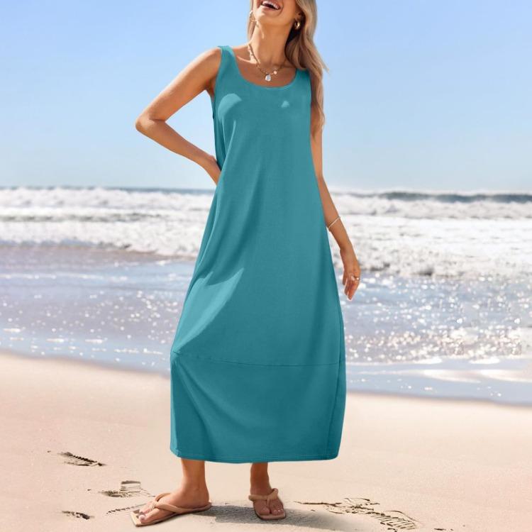Summer Women's Casual Loose Sleeveless Round Neck Sundress Long Beach Dress