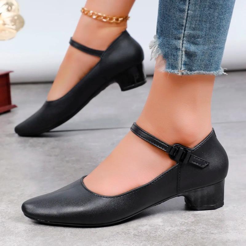Весенние женские туфли на каблуке, новые туфли с острым носком, на толстом каблуке, с ремешком на щиколотке, для женщин, для офиса, туфли-лодочки
