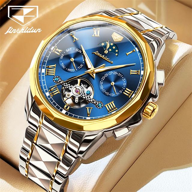 JSDUN Couple Watch Men and Women Automatic Mechanical Wristwatches Luxury Skeleton Stainless Steel Waterproof Lover's Moon Watch