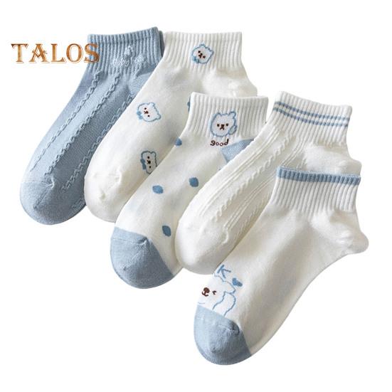 5 Pairs Women Socks Refreshing Flower Prints Mid-tube Shallow-cut High Elasticity Soft Breathable Sweat Absorption Anti-slip Girls Daily Sports Socks