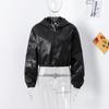 Vintage Faux Leather Zipper Crop Jackets Women Full Sleeve Pockets Hoodie Coat Autumn Hipster High Street Outwear