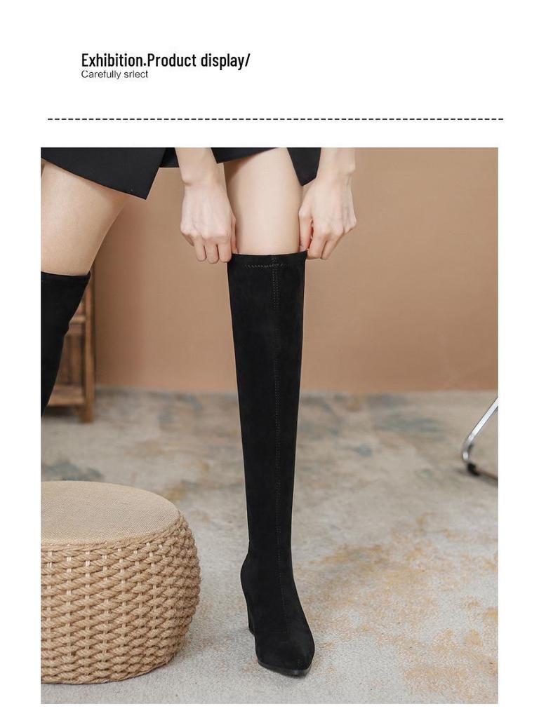 Женские замшевые сапоги выше колена на высоком каблуке с эластичной резинкой, средний каблук, плюс бархат, облегающий крой для миниатюрных