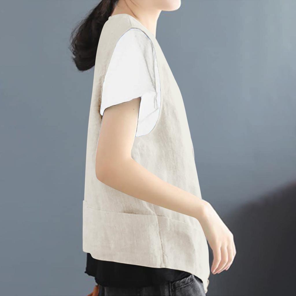 Women's Sleeveless Cotton Linen Vest Button Down V Neck Waistcoat Jacket