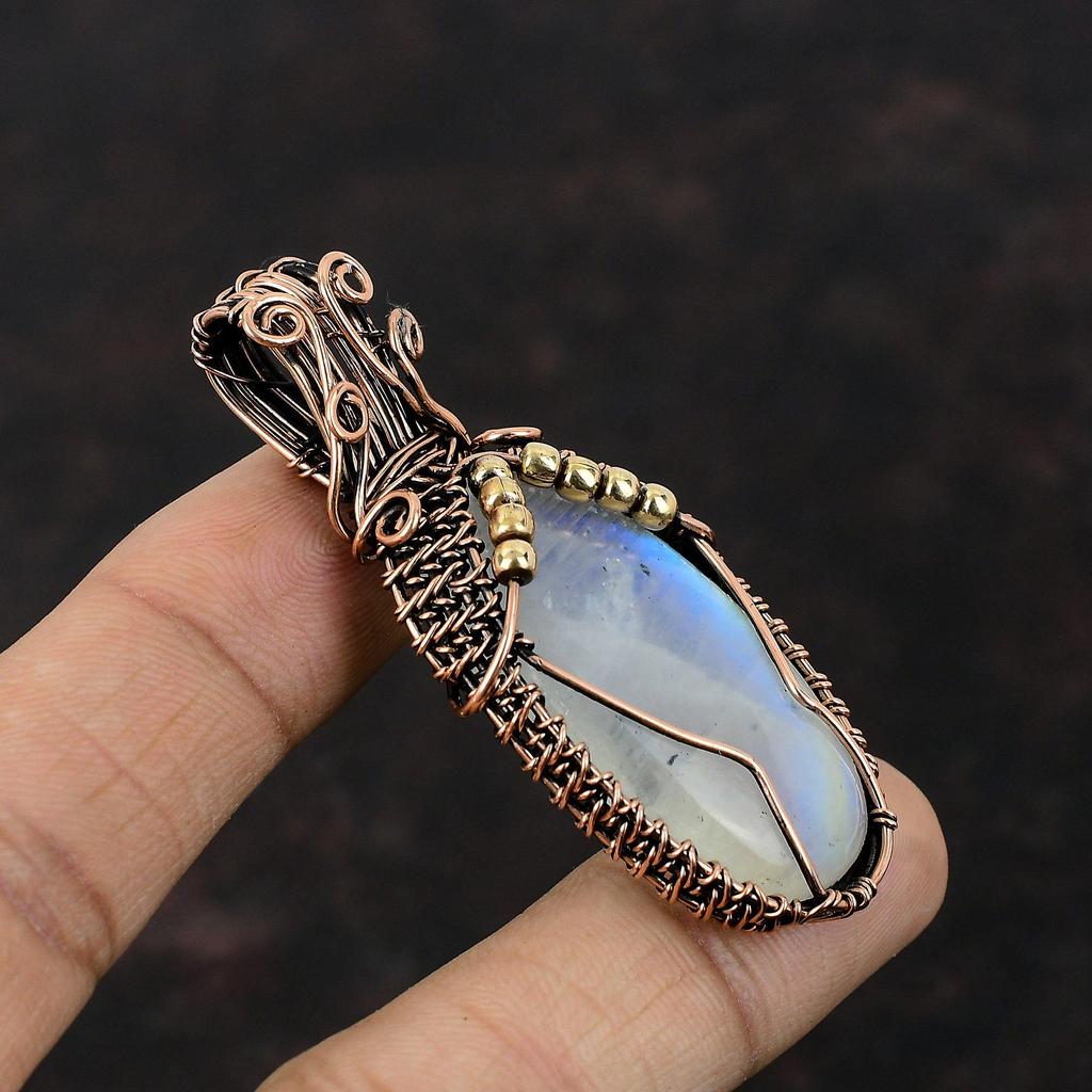 Подвеска Rainbow Moonstone, подвеска из медной проволоки с драгоценным камнем, подвеска ручной работы из лунного камня, медные украшения, подарок на помолвку, уникальные украшения из проволоки
