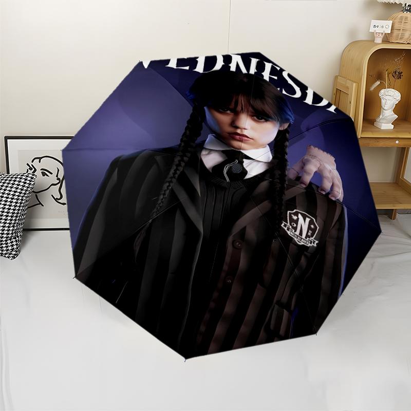 Wednesday Addams Print Automatic Umbrella, 8 Rib Iron Frame, Plastic Handle, Suitable for Outdoor Travel &Daily , Ideal Gift