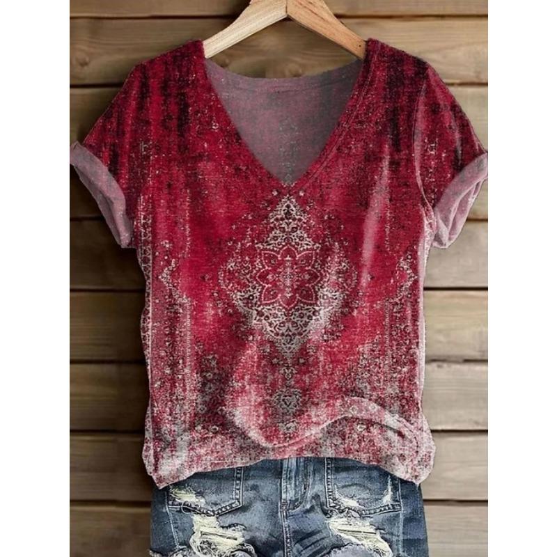 Women's T Shirt Print Graphic Paisley Vintage Stylish Classic Short Sleeve V Neck Regular Tops Daily Summer Spring