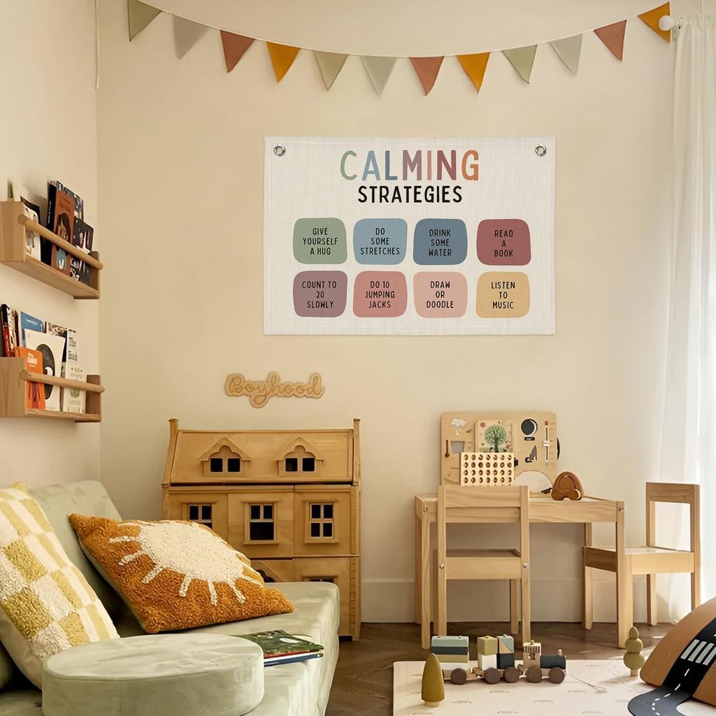 Calming Corner Cozy Corner Banner, Boho Classroom Decor, Calming Strategies Mental Health Wall Hanging Banner Flag Decor for Classroom, Positive