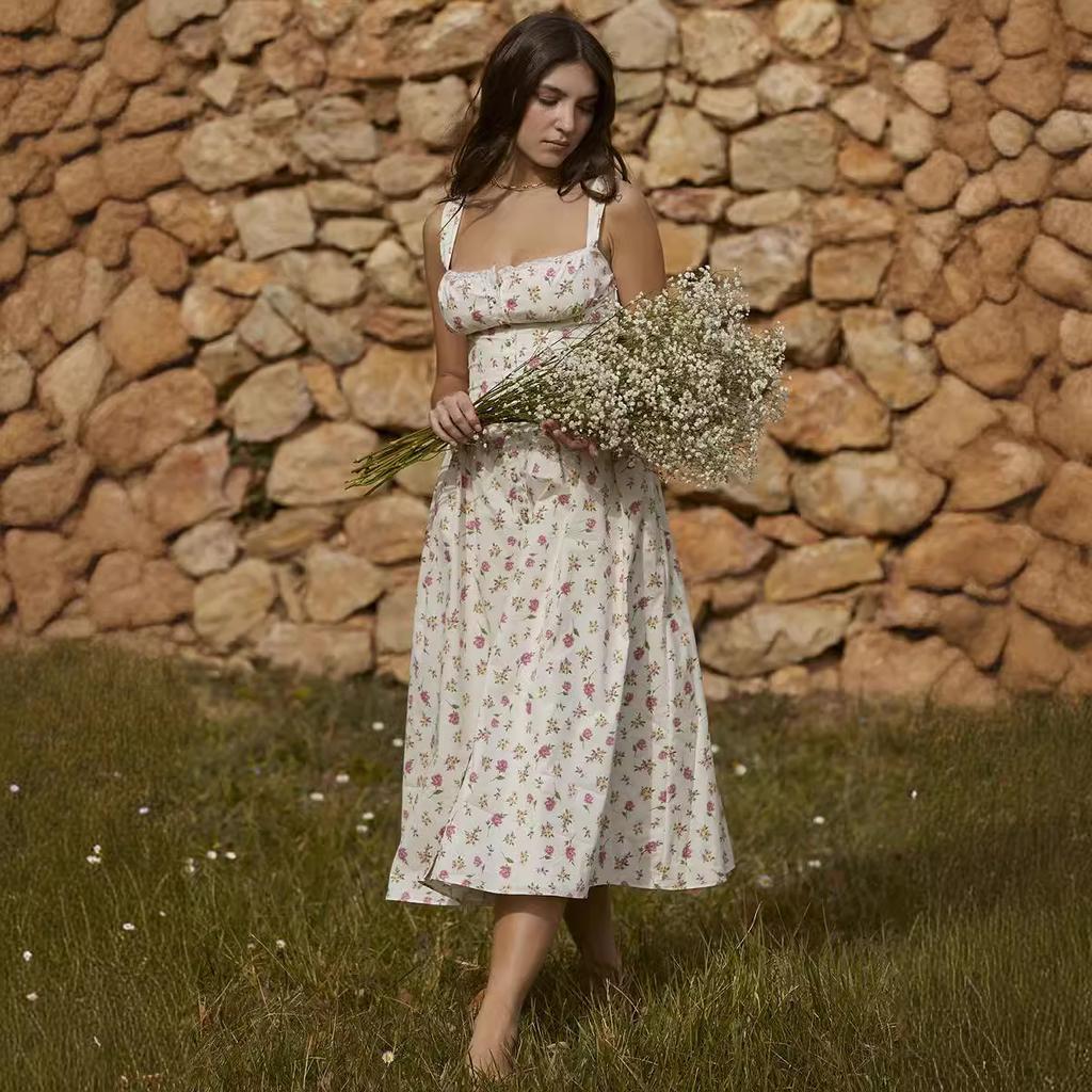 GMXIA Весна-лето Женское Платье с Завязками На Грудь Небольшой Цветочный Принт Длинная Юбка