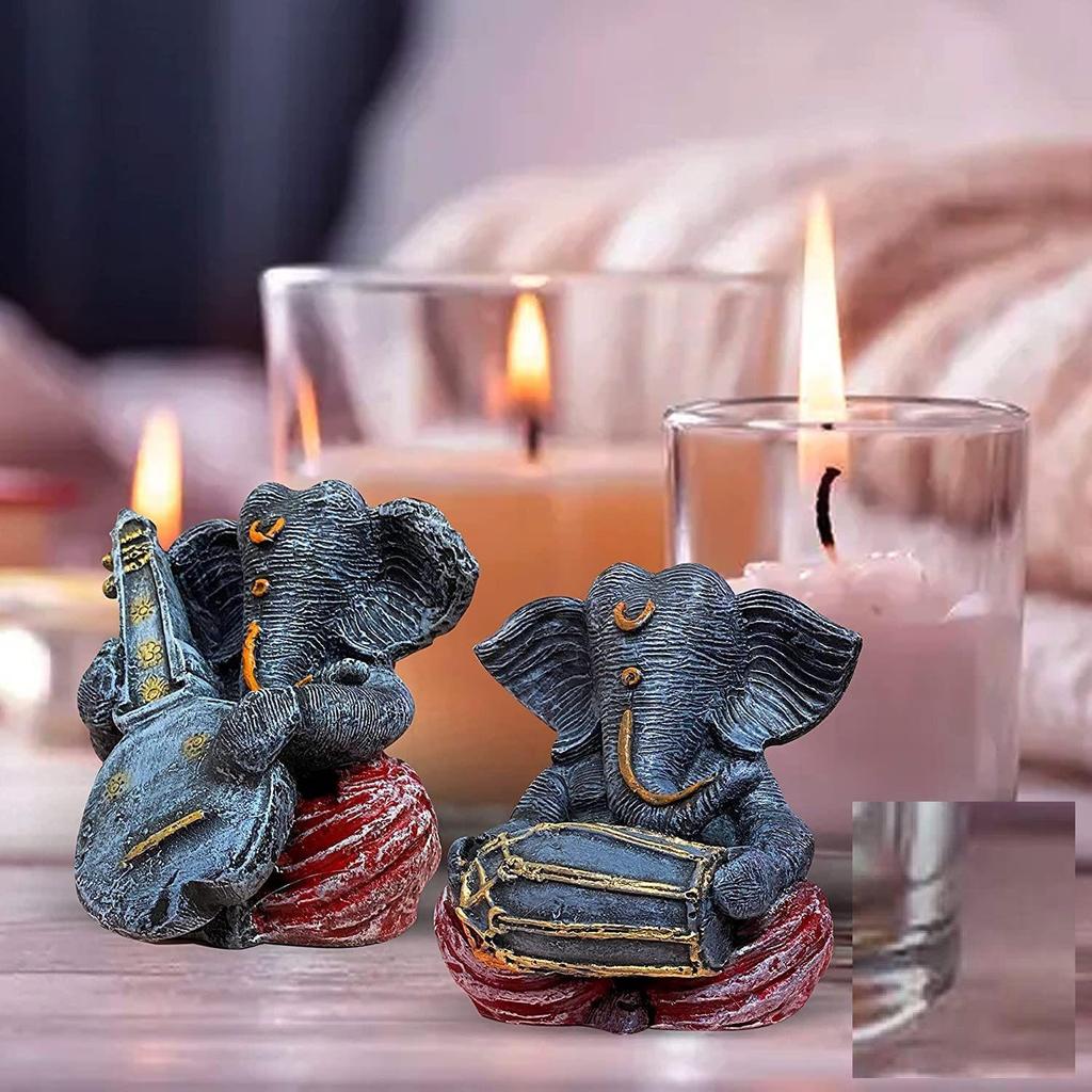 Resin Musical Ganesha Pair for Home Decor | Brings Prosperity - (Grey & Red, Pack of 2)