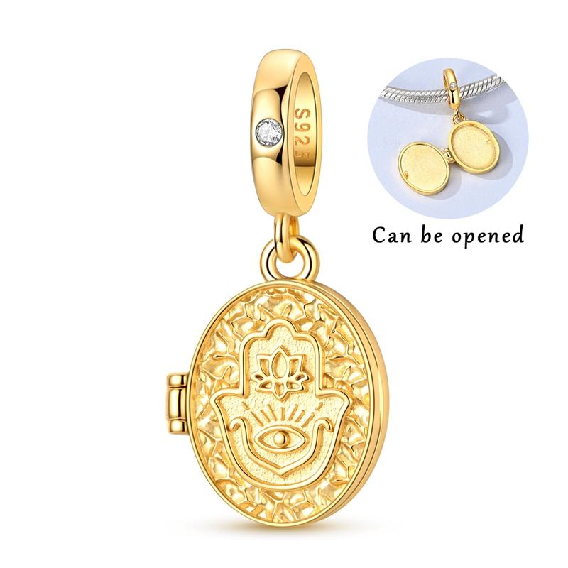 Original 925 Sterling Silver Charms Bead Golden The Hand of Fatima Devil's Eye Pendant Fit Bracelet For Women DIY Jewelry Gift