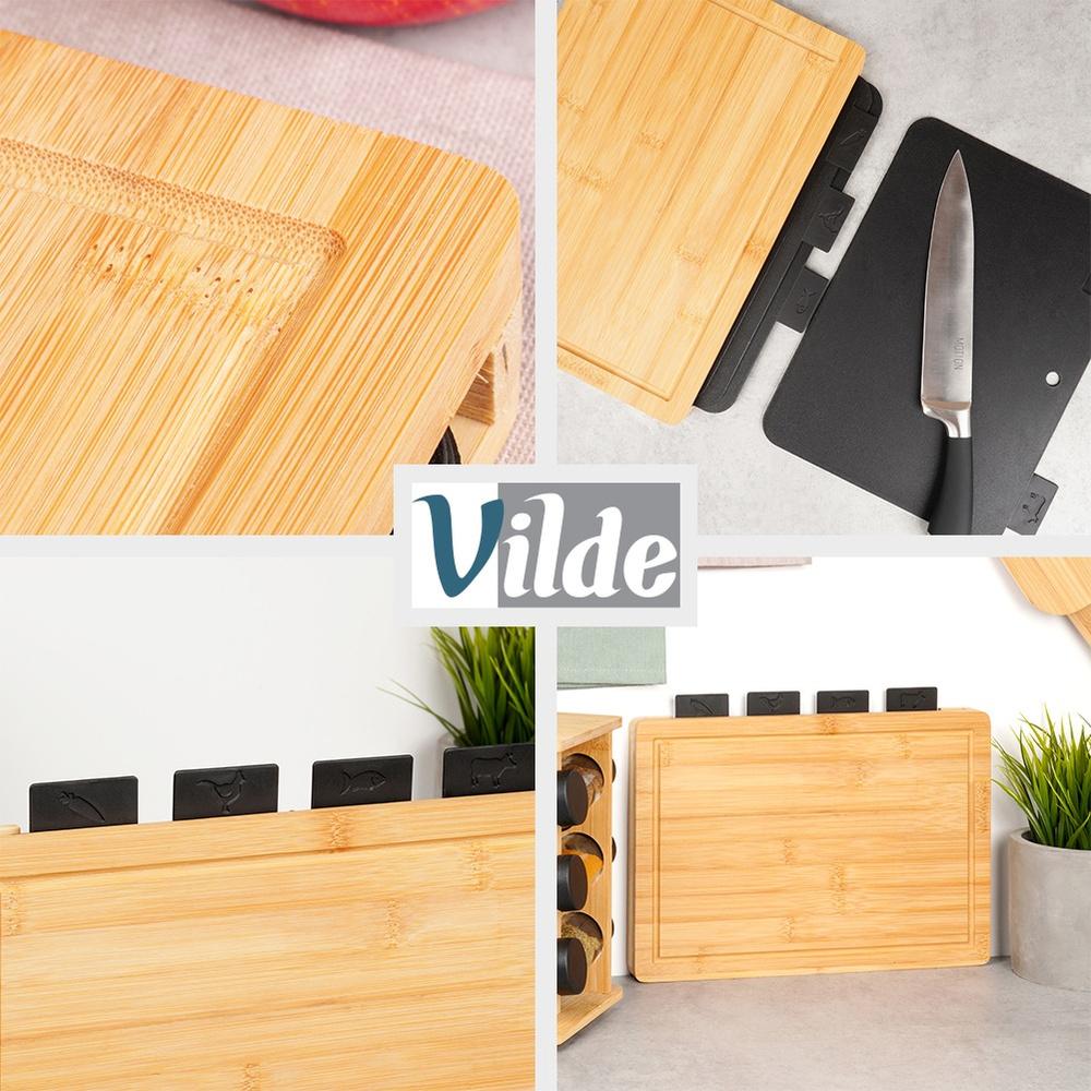 4x Plastic Kitchen Chopping Boards Set in Bamboo Stand