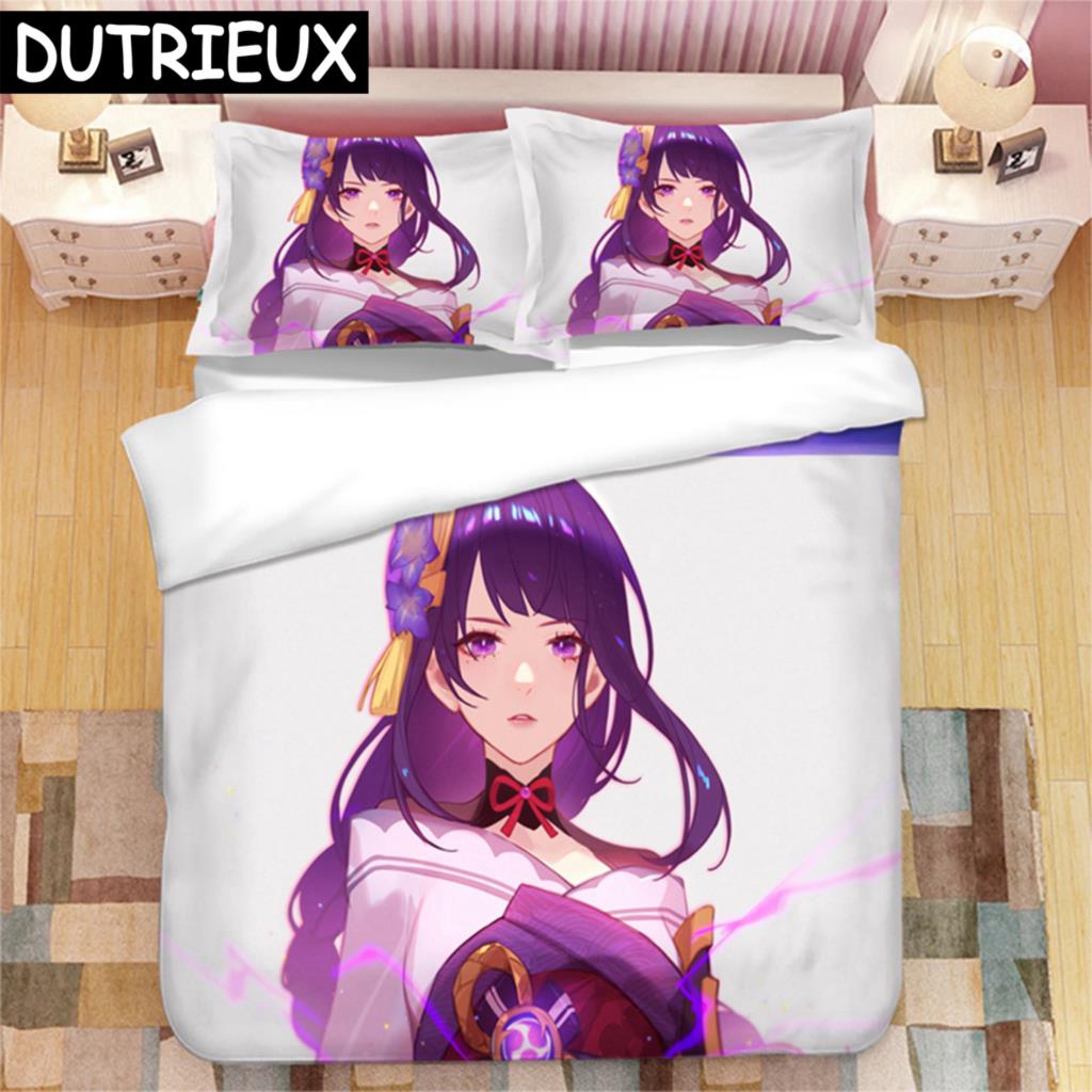 Genshin Impact Райдэн Сёгун Набор постельного белья с 3D-печатью Пододеяльники Наволочки Одеяло Комплект постельного белья Постельные принадлежности Пододеяльник