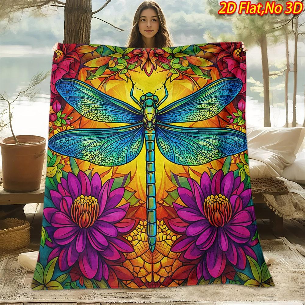 1pc 2D Flat Printing Spring And Summer New Arrival Exquisite Dragonfly Floral Pattern Digital Print Blanket, Throw, Soft And Comfortable 100% Fiber, A