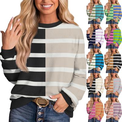 Женские повседневные свободные туники, топы с круглым вырезом, трикотажные ребристые рубашки с принтом, длинный рукав, пуловер, топ