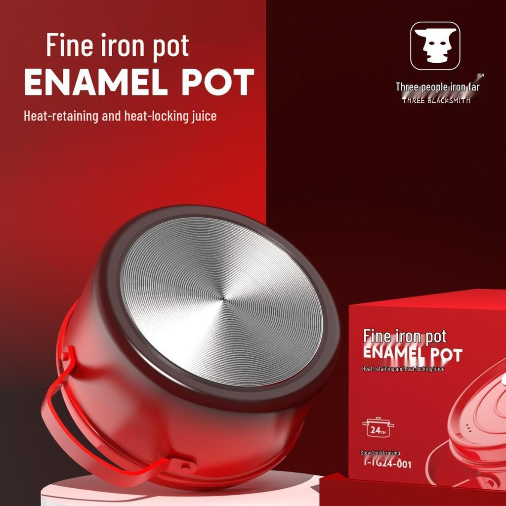 Эмалированная чугунная кастрюля с антипригарным покрытием и большим объемом: Кастрюля с плоским дном для супов и других блюд.