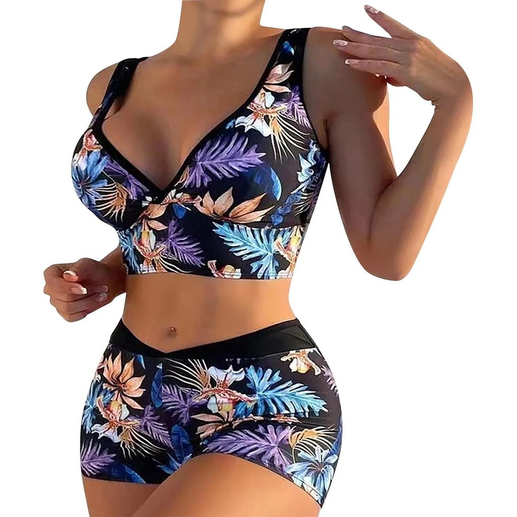 Женский комплект бикини с высокой грудью и принтом на бретельках, двухсекционный купальник, приятное для кожи и удобное нижнее белье