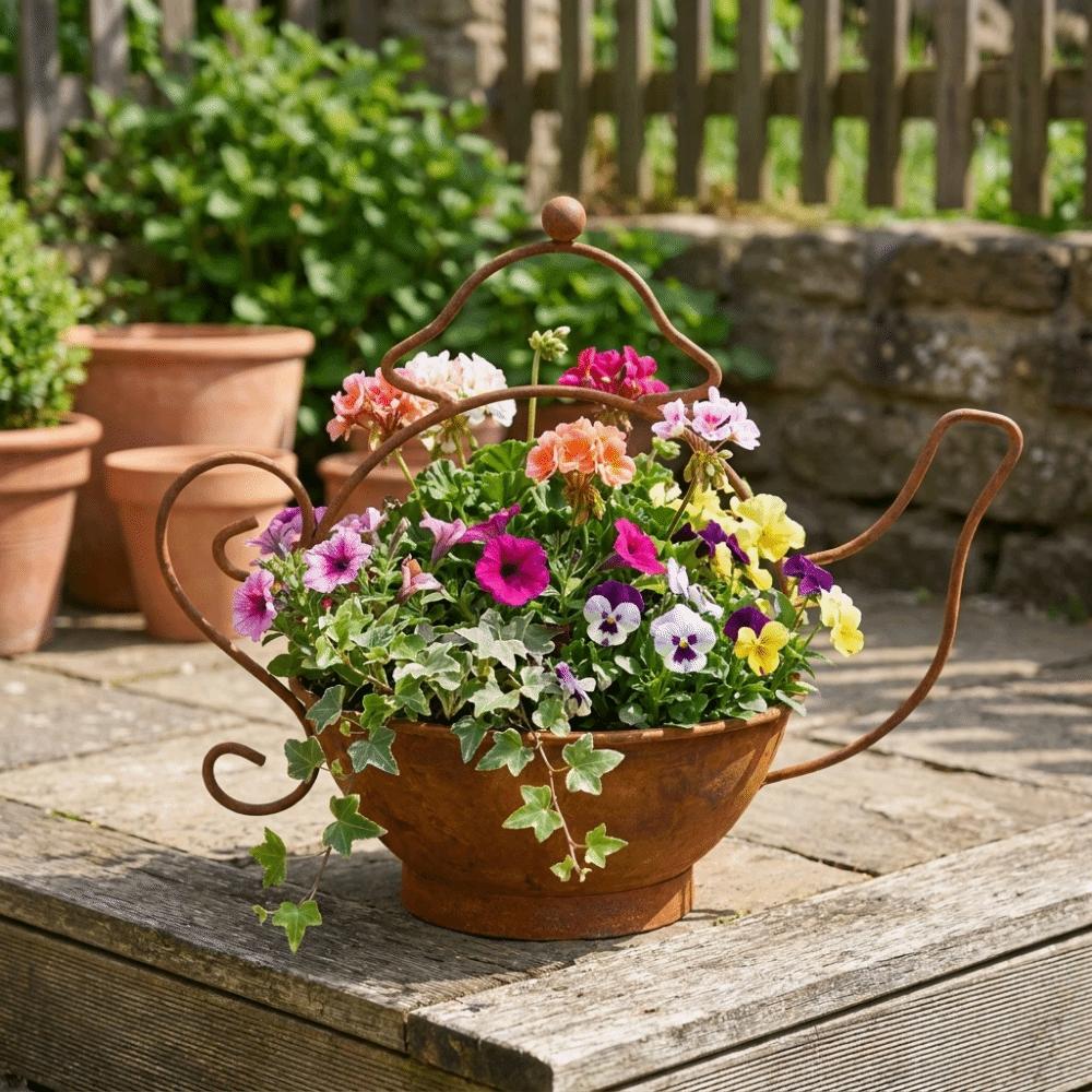 Decorative Rusty Iron Teapot Flower Pot Vintage Metal Teapot Planter Outdoor Garden
