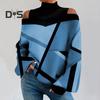 Women Fall Spring Top Hollow Out Off Shoulder Color Matching Geometric Print Long Sleeves Loose High Collar Pullover Lady Mid Length T Shirt Blouse