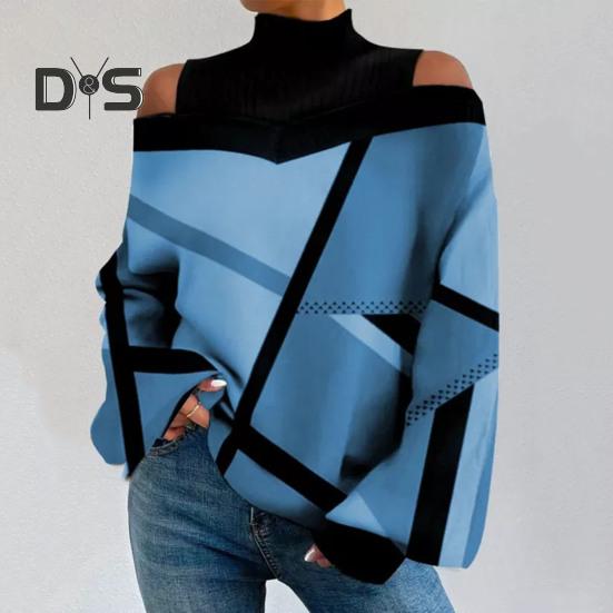 Women Fall Spring Top Hollow Out Off Shoulder Color Matching Geometric Print Long Sleeves Loose High Collar Pullover Lady Mid Length T Shirt Blouse