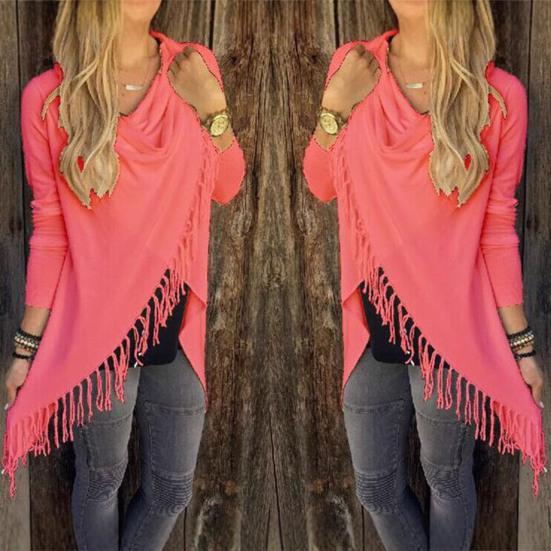 Женский кардиган-шаль с кисточками, пуловер с асимметричным подолом, пончо-пальто с бахромой, накидка с воротником-хомут, верхняя одежда
