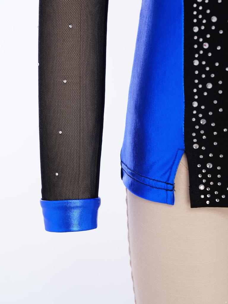 Boys Skating Performance Top: V-Neck Long Sleeve Rhinestone Color Block with Split Hem for Competition Costume