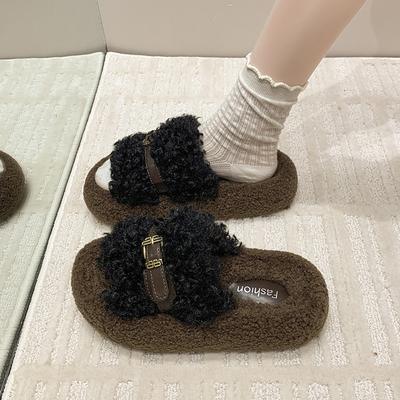Корейские увеличивающие рост и стройнящие женские хлопковые тапочки модные пушистые тапочки 2025 осень новая мода ретро шлепанцы