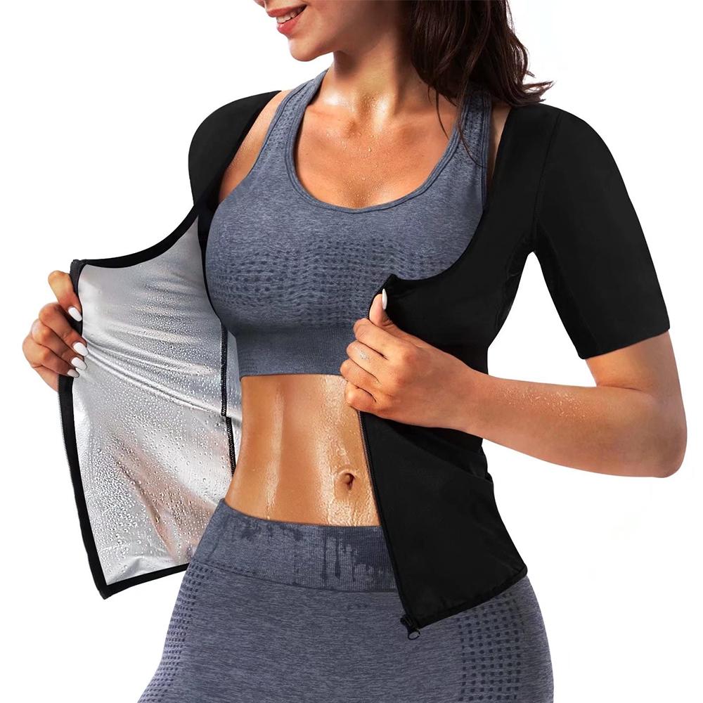 Women Sweat Vest Short Sleeve Waist Trainer Tops Zipper Compression Shirts Heat Trapping Sauna Suit Fitness Slimming Body Shaper Workout Cropped