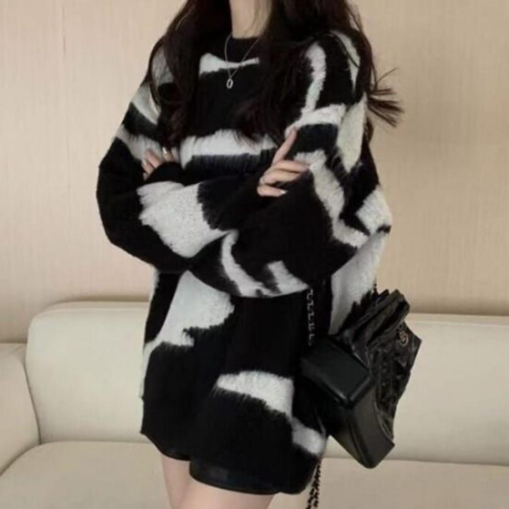 Navava Women Vintage Color Block Round Neck Long Sleeve Knit Sweater Nk3563