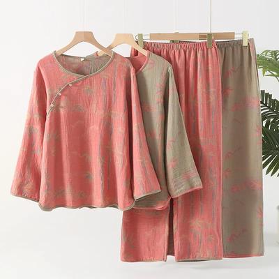 Женская хлопковая пижама с принтом бамбука, окрашенная в пряже, с круглым вырезом, с длинными рукавами в стиле ретро, домашняя одежда, свободная одежда для отдыха и домашняя одежда в стиле ретро