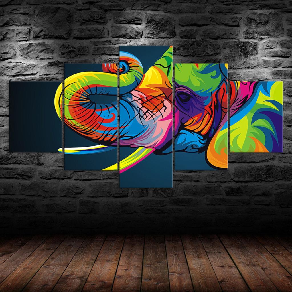 Colorful Elephant Head 5 Piece Five Panel Wall Canvas Print Modern Art Poster Picture Home Decor Gift For Him For Her