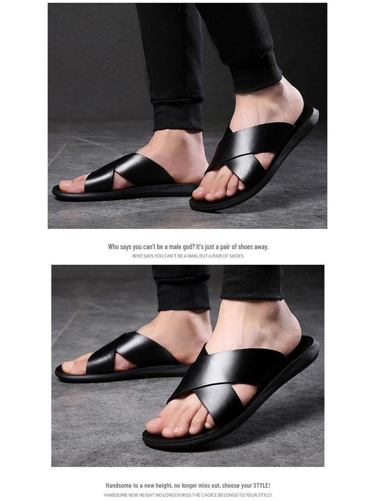 Men's Genuine Leather Korean Style Sandals - Trendy, Non-Slip Beach Flip-Flops