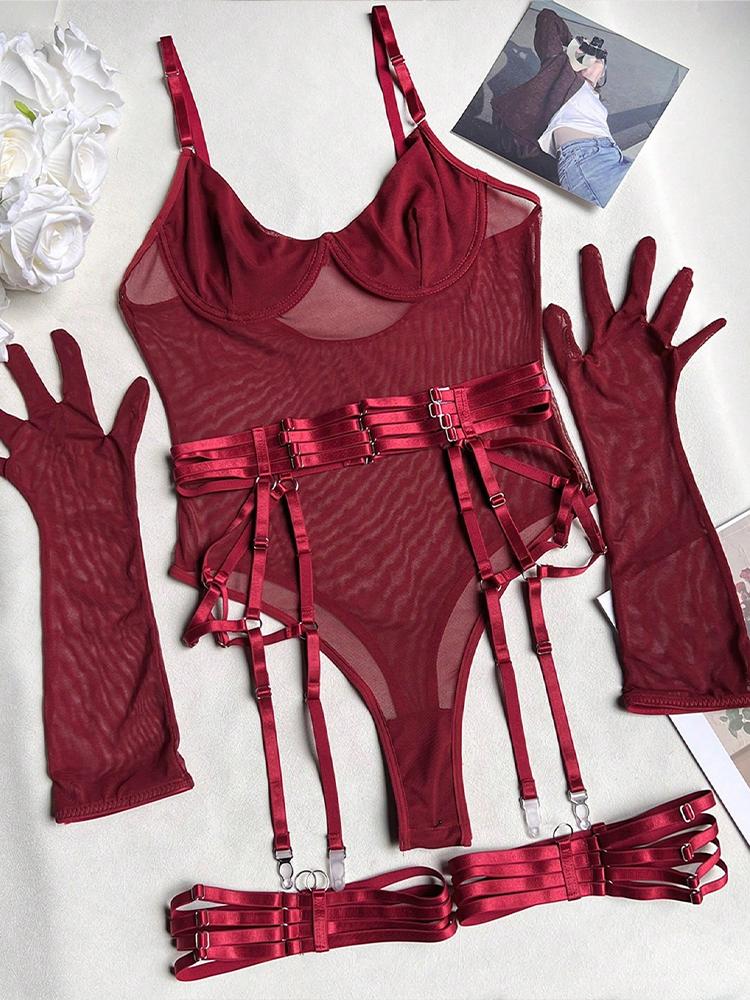 Tight Lingerie Lace Bodysuit Sexy See Through Erotic Bodysuit with Gloves Garter Night Clubwear Outfit Sissy Open Anal Mesh Top