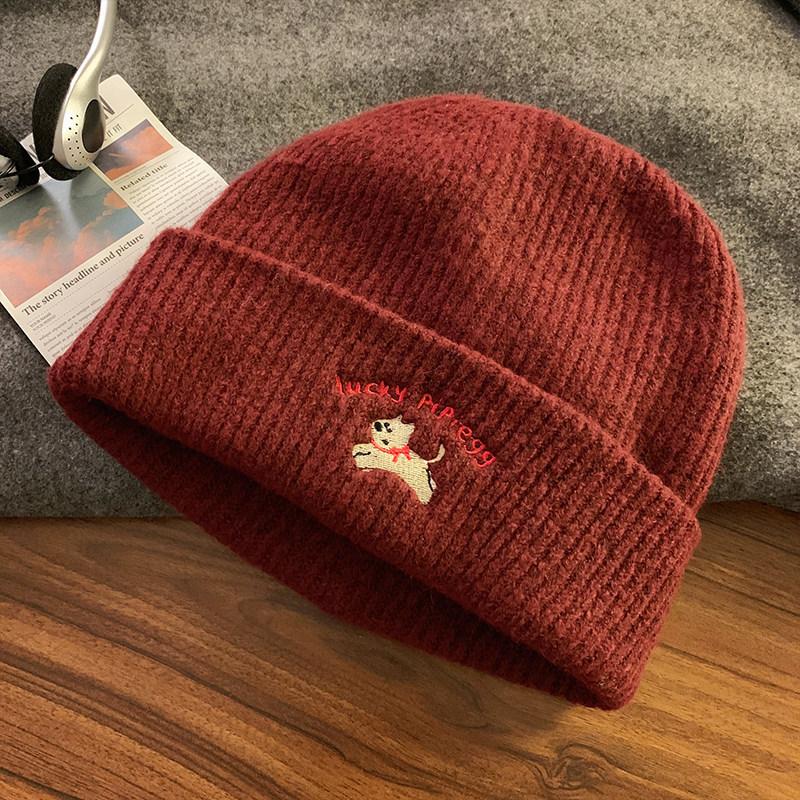 Cute puppy embroidery knitted autumn and winter warm face new autumn and winter ear protection wool hat versatile cold hat hat