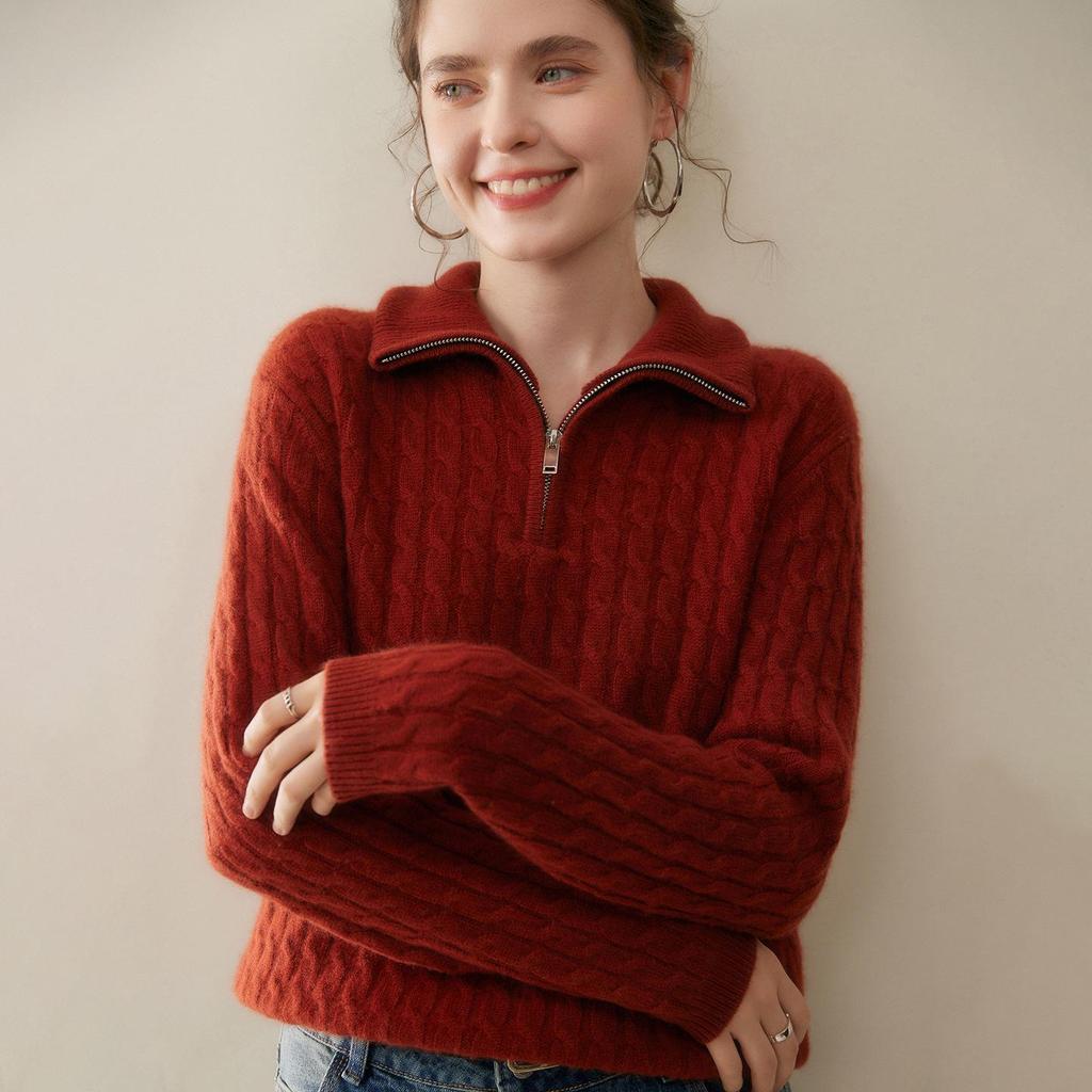 Women's Thickened Cashmere Half-Zip Knit Sweater - Loose Fit, Soft, Turn-Down Collar for Autumn and Winter